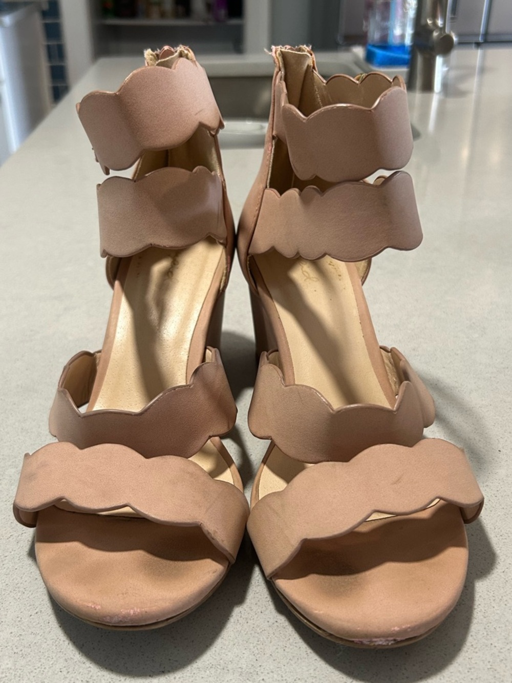 Qupid Women's Scallop Strap Wedge Blush Sandals - size 8